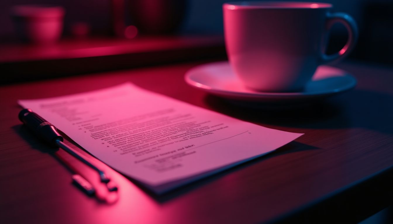 A receipt, a warranty card and a small screwdriver on a dark wooden table, warm magenta lamplight against deep charcoal shadows, a coffee mug blurred behind — consumer buying and warranty guide