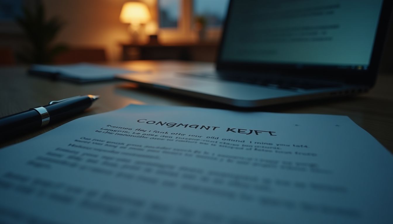 A pen, a printed letter and a phone on a dark desk at night, warm magenta glow from a monitor against deep charcoal tones, determined planning mood — consumer complaints and disputes guide